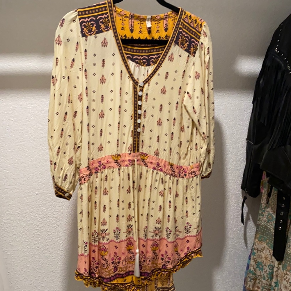Spell Cream Boho Floral Tunic Dress with Pink and Mustard Accents